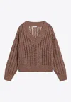 Brunello Cucinelli Dazzling Silk And Linen Openwork Rib Sweater In Brown