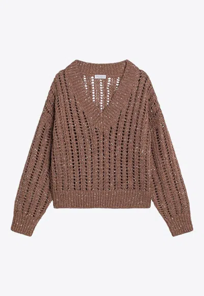 Brunello Cucinelli Dazzling Silk And Linen Openwork Rib Sweater In Cream