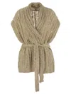 Brunello Cucinelli Dazzling Silk And Linen Perforated Rib Cardigan In Beige