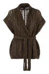 Brunello Cucinelli Dazzling Silk And Linen Perforated Rib Cardigan In Green