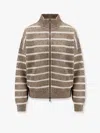 Brunello Cucinelli Beige Cardigan With High Neck And All-over Striped Motif In Linen Blend Woman In Beige