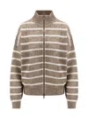 Brunello Cucinelli Beige Cardigan With High Neck And All-over Striped Motif In Linen Blend Woman In Beige