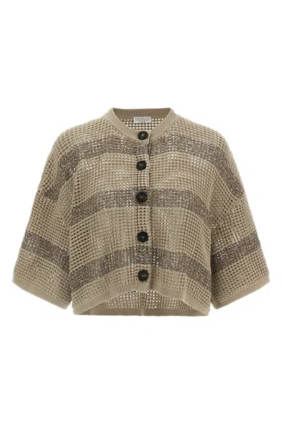Brunello Cucinelli Striped Knit Cardigan Short Sleeves Ribbed In Brown