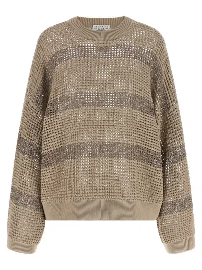 Brunello Cucinelli Dazzling Stripes Sequin-embellished Sweater In Brown