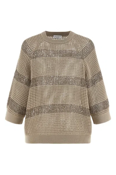 Brunello Cucinelli Sequin-embellished Striped Sweater In Brown