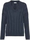 Brunello Cucinelli Cotton Double Cable-knit V-neck Sweater With Micro Pailettes In Blue