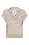 Brunello Cucinelli Women Dazzling Ribbed Net Knitted T-shirt In Linen In Cool Beige