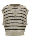 Brunello Cucinelli Cropped V-neck Knit Top With Textured Stripes
