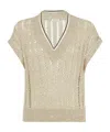Brunello Cucinelli Women Dazzling Ribbed Net Knitted T-shirt In Linen In Nude