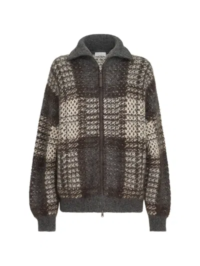 Brunello Cucinelli Dazzling Tartan Double Knit Outerwear Jacket In Mohair, Virgin Wool And Cashmere With Shiny Zipper P In Brown