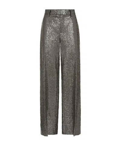 Brunello Cucinelli Dazzling Texture Embroidery Loose Flared Trousers In Virgin Wool Flannel In Brown