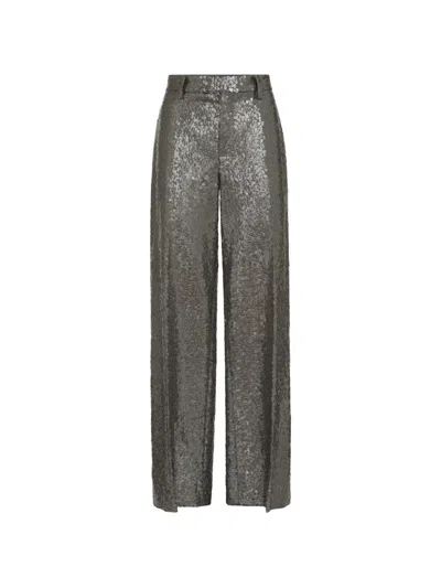 Brunello Cucinelli Dazzling Texture Embroidery Loose Flared Trousers In Virgin Wool Flannel In Gray