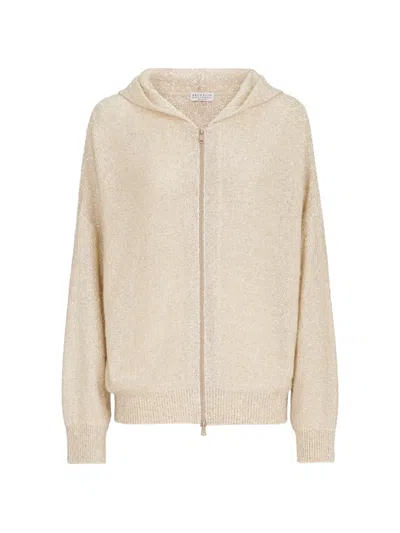 Brunello Cucinelli Dazzling Texture Mohair And Wool Hooded Cardigan With Zip In Neutral