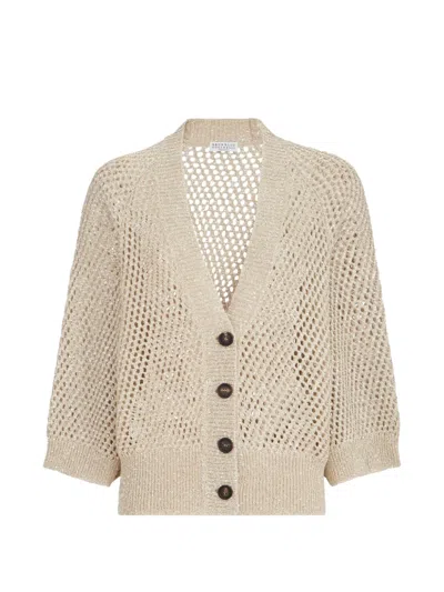 Brunello Cucinelli Dazzling Texture Net Cardigan In Hemp In Neutral