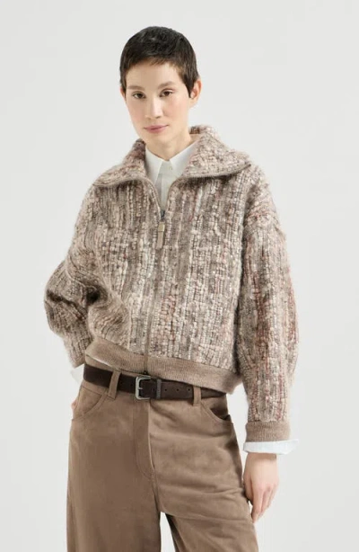 Brunello Cucinelli Dazzling Tree Bark Embroidery Cardigan In Beige