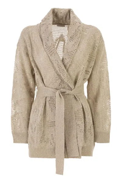 Brunello Cucinelli Dazzling Water Lilies Cardigan In Linen And Cotton With Belt In Multi