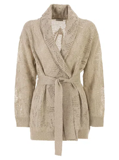 Brunello Cucinelli Dazzling Water Lilies Cardigan In Linen And Cotton With Belt In Neutral