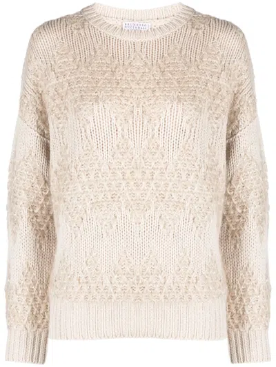 Brunello Cucinelli Diamond Jaquard Knit Jumper In Neutrals