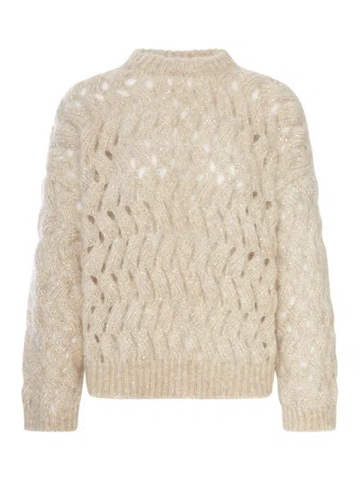 Brunello Cucinelli Sequin-embellished Open-knit Mohair-blend Sweater In Brown