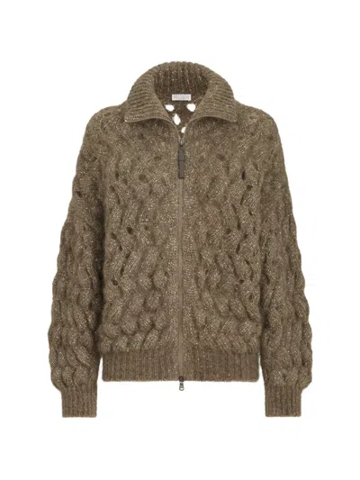 Brunello Cucinelli Dazzling Zigzag Cables Cardigan In Mohair And Wool In Multi