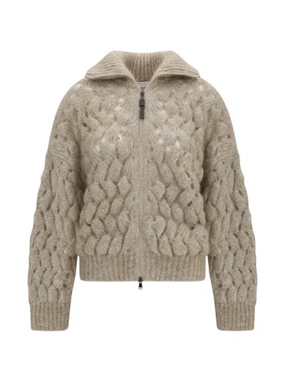 Brunello Cucinelli Dazzling Zigzag Cables Chunky-knit Cardigan In Multi