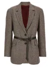 Brunello Cucinelli Deconstructed Houndstooth Blazer With Leather Belt In Gray