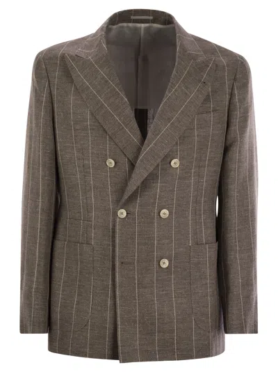Brunello Cucinelli Deconstructed One-and-a-half-breasted Pinstripe Jacket In Brown