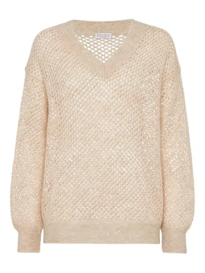 Brunello Cucinelli Deep V-neck Open Knit Sweater In Neutral