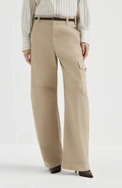 Brunello Cucinelli Délavé Cotton Canvas Cargo Barrel Trousers With Monili In Neutral
