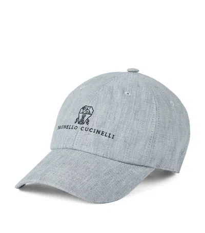 BRUNELLO CUCINELLI DÉLAVÉ LINEN CHEVRON EMBROIDERED BASEBALL CAP