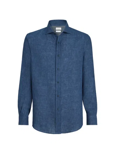 Brunello Cucinelli Délavé Linen Easy Fit Shirt With Spread Collar In Blue