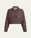Brunello Cucinelli Denim Button Front Cropped Jacket In Chocolate