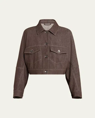 Brunello Cucinelli Denim Button Front Cropped Jacket In Chocolate