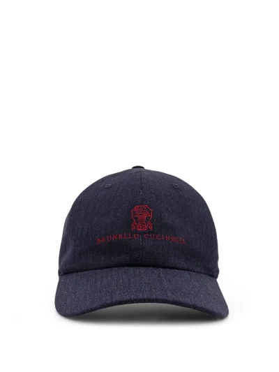 Brunello Cucinelli Men Denim Cap With Embroidered Logo On The Front In Blue