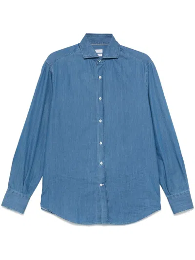 Brunello Cucinelli Button-down Collar Curved Hem Shirt In Blue