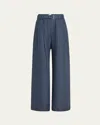 Brunello Cucinelli Denim-effect Linen Wide-leg Track Pants With Monili Belt Loop In Blue
