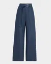 BRUNELLO CUCINELLI DENIM-EFFECT LINEN WIDE-LEG TRACK PANTS WITH MONILI BELT LOOP