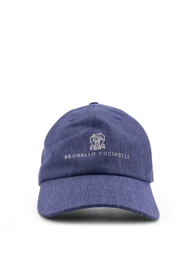Brunello Cucinelli Men Denim Hat With Embroidered Logo On The Front In Blue