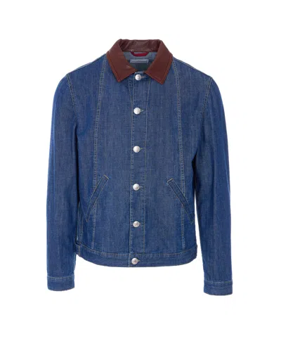 Brunello Cucinelli Men Lightweight Denim Jacket With Leather Collar In Animal Print