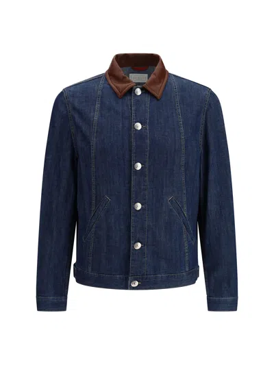 Brunello Cucinelli Men Lightweight Denim Jacket With Leather Collar In Animal Print