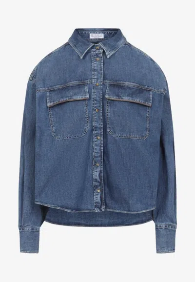 Brunello Cucinelli Denim Long-sleeved Shirt In Blue