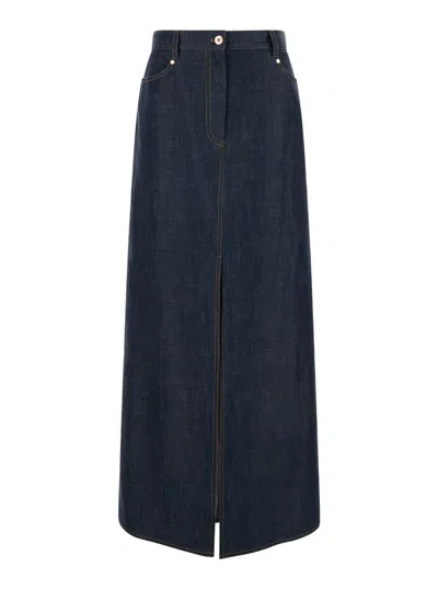 BRUNELLO CUCINELLI MAXI BLUE SKIRT WITH CONTRASTING STITCHING IN COTTON DENIM WOMAN