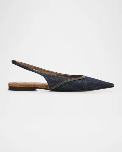 Brunello Cucinelli Denim Monili Slingback Ballerina Flats