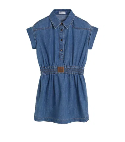 Brunello Cucinelli Kids' Gathered Denim Dress In Blue