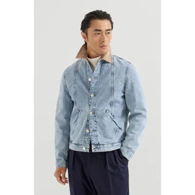 Brunello Cucinelli Denim Outerwear Jacket With Suede Collar In Blue