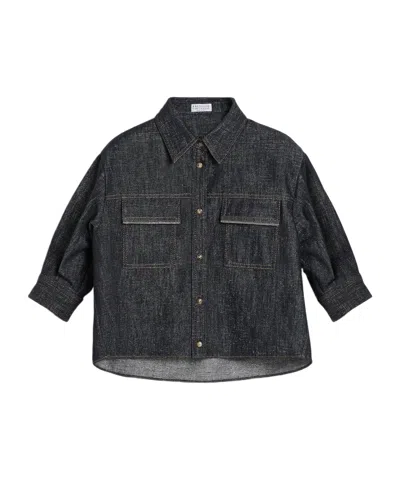 Brunello Cucinelli Kids' Denim Pockets Shirt In Black
