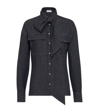 Brunello Cucinelli Denim Pussybow Shirt In Blue
