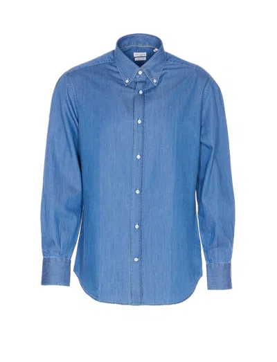 Brunello Cucinelli Denim Shirt With Long Sleeves And Collar In Blue