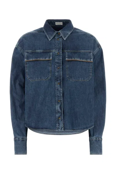 Brunello Cucinelli Chain-embellished Cotton Denim Denim Shirt In Blue
