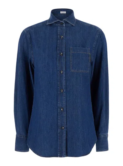 Brunello Cucinelli Blue Long Sleeve Shirt With Patch Pocket In Denim Woman